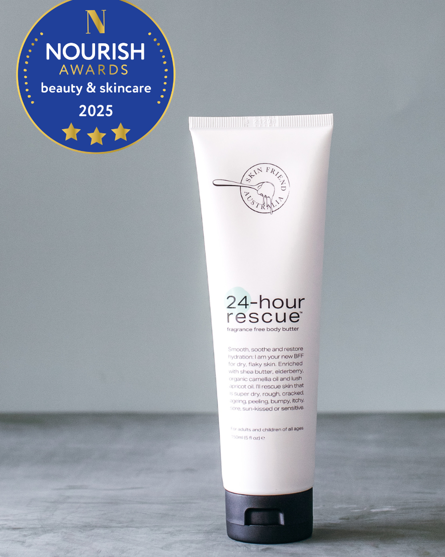 Tube of '24-hour rescue' cream with Nourish Awards badge on a gray background