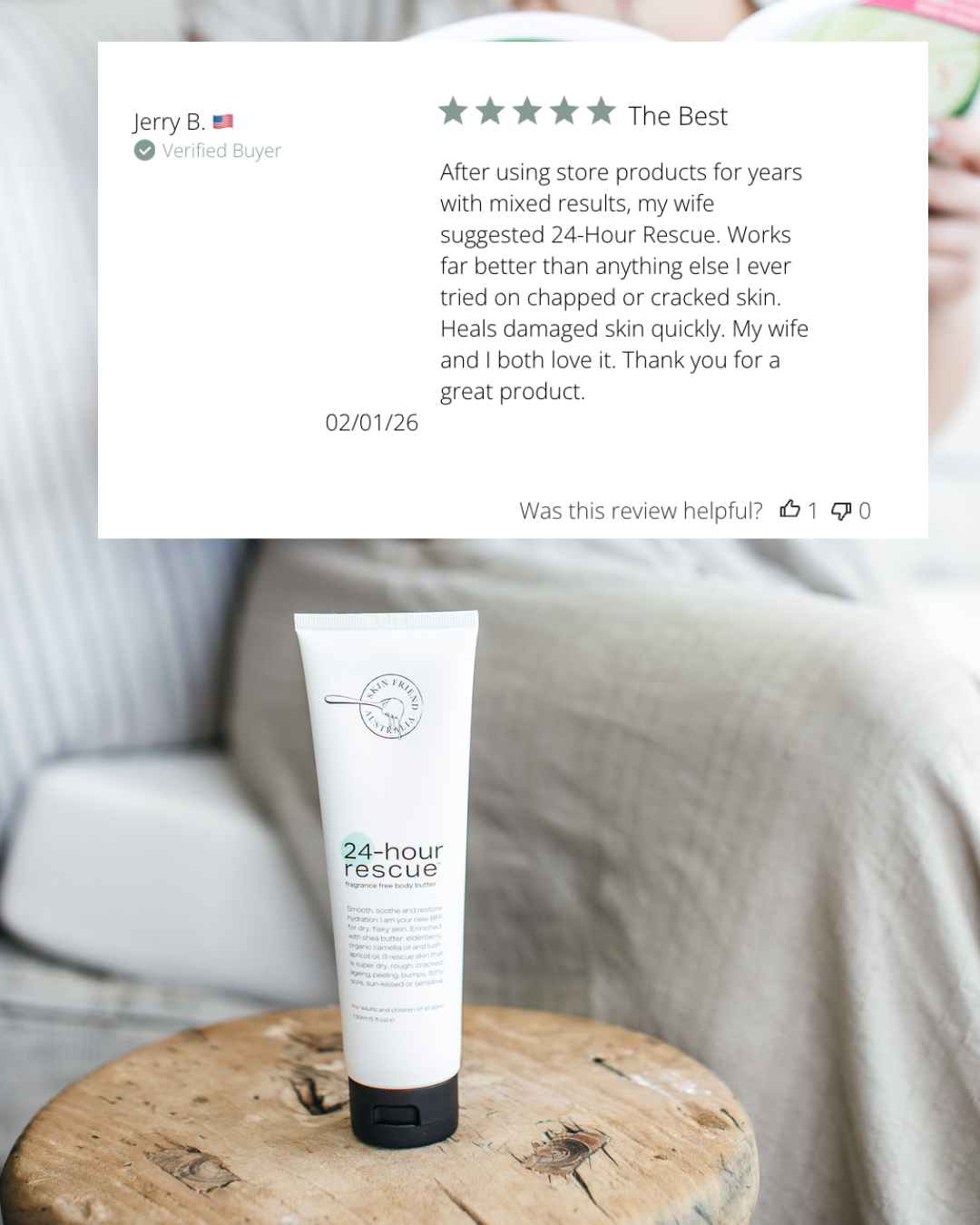 Tube of '24-Hour Rescue' cream on a wooden surface with a five-star review displayed above.