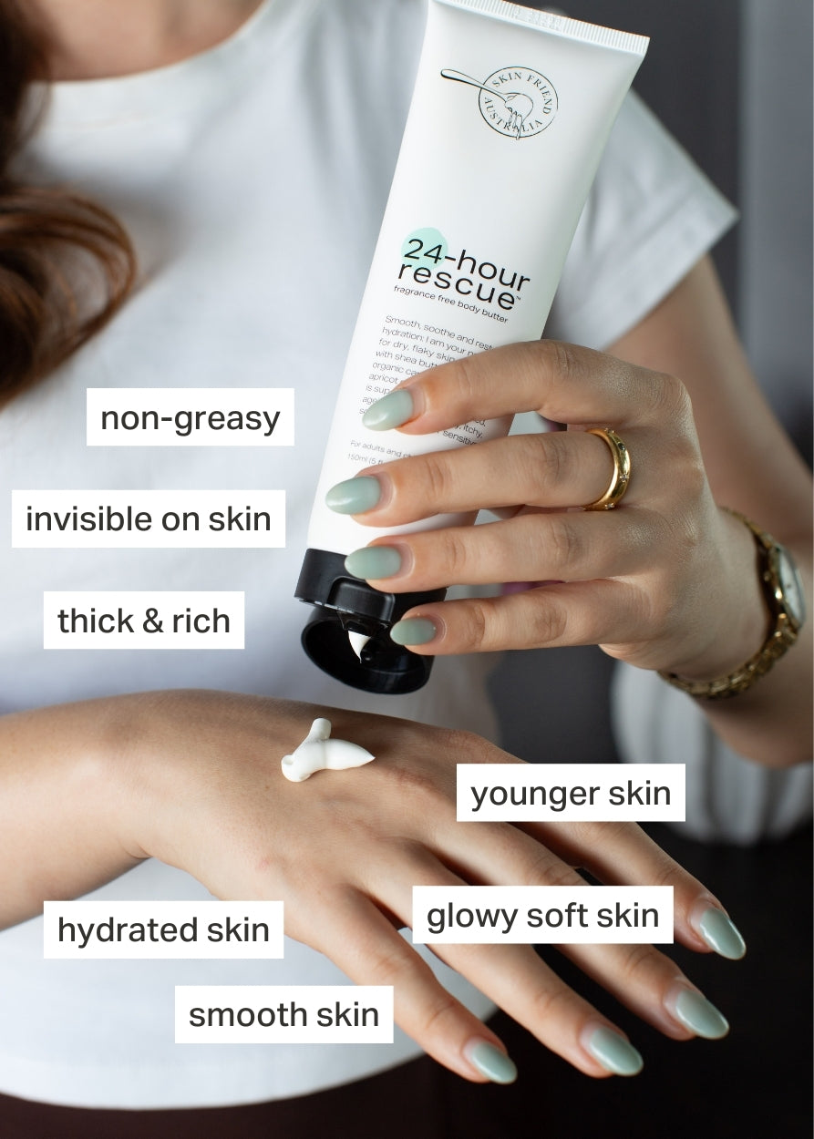 Person holding a tube of '24-hour rescue' skincare product with text highlighting its benefits.