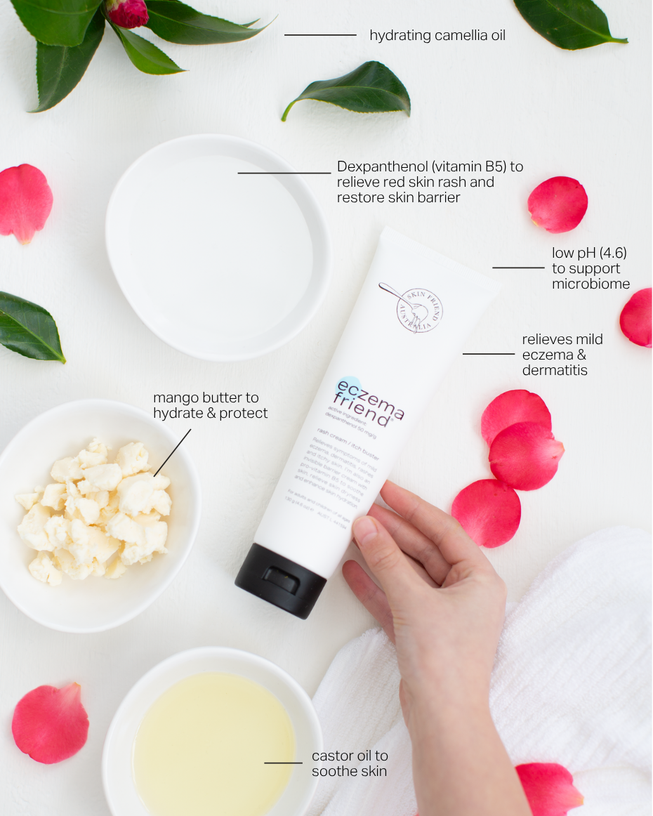 Skincare product with ingredients and benefits on a white background with flowers and leaves.