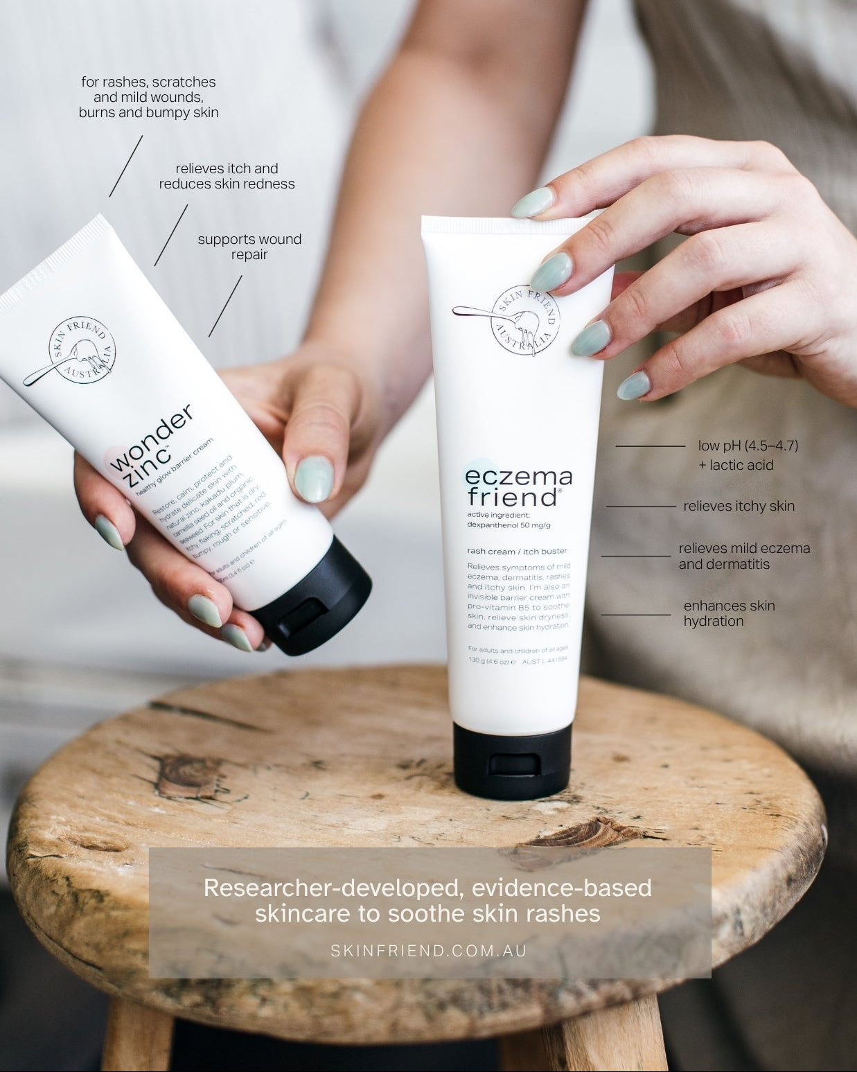 Two skincare products on a wooden stool with text about eczema relief.