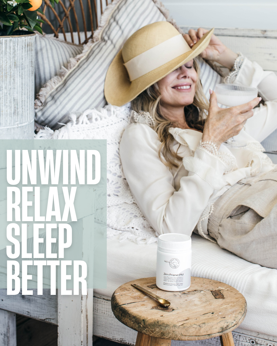 Woman relaxing on a couch with a hat, holding a glass, surrounded by text 'Unwind Relax Sleep Better'.